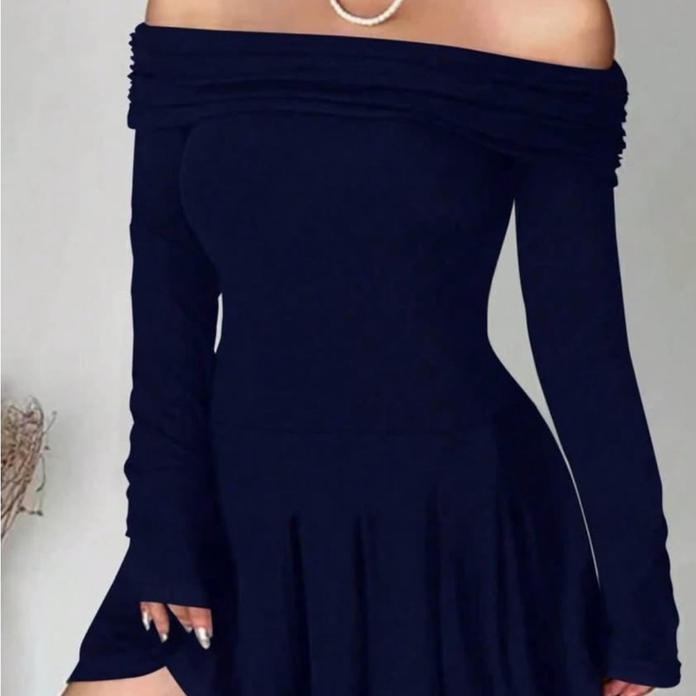 SHEIN Off-Shoulder Navy Long Sleeve Dress